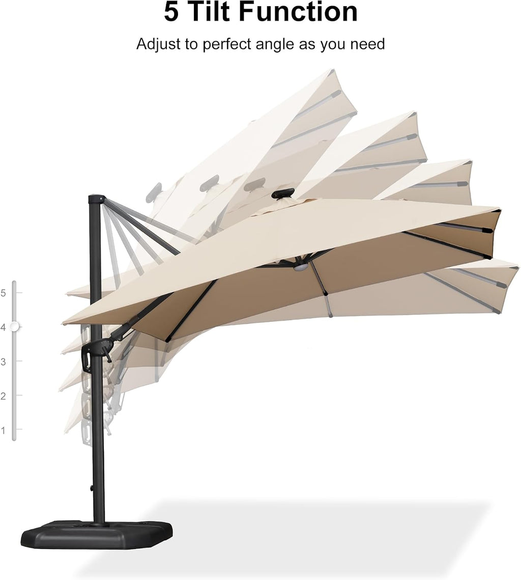 10 Feet Patio Umbrella with Base Outdoor Cantilever Solar Powered LED Swivel Square Umbrella Aluminum Offset Umbrella with 360-degree Rotation for Garden Deck Pool Patio, Beige