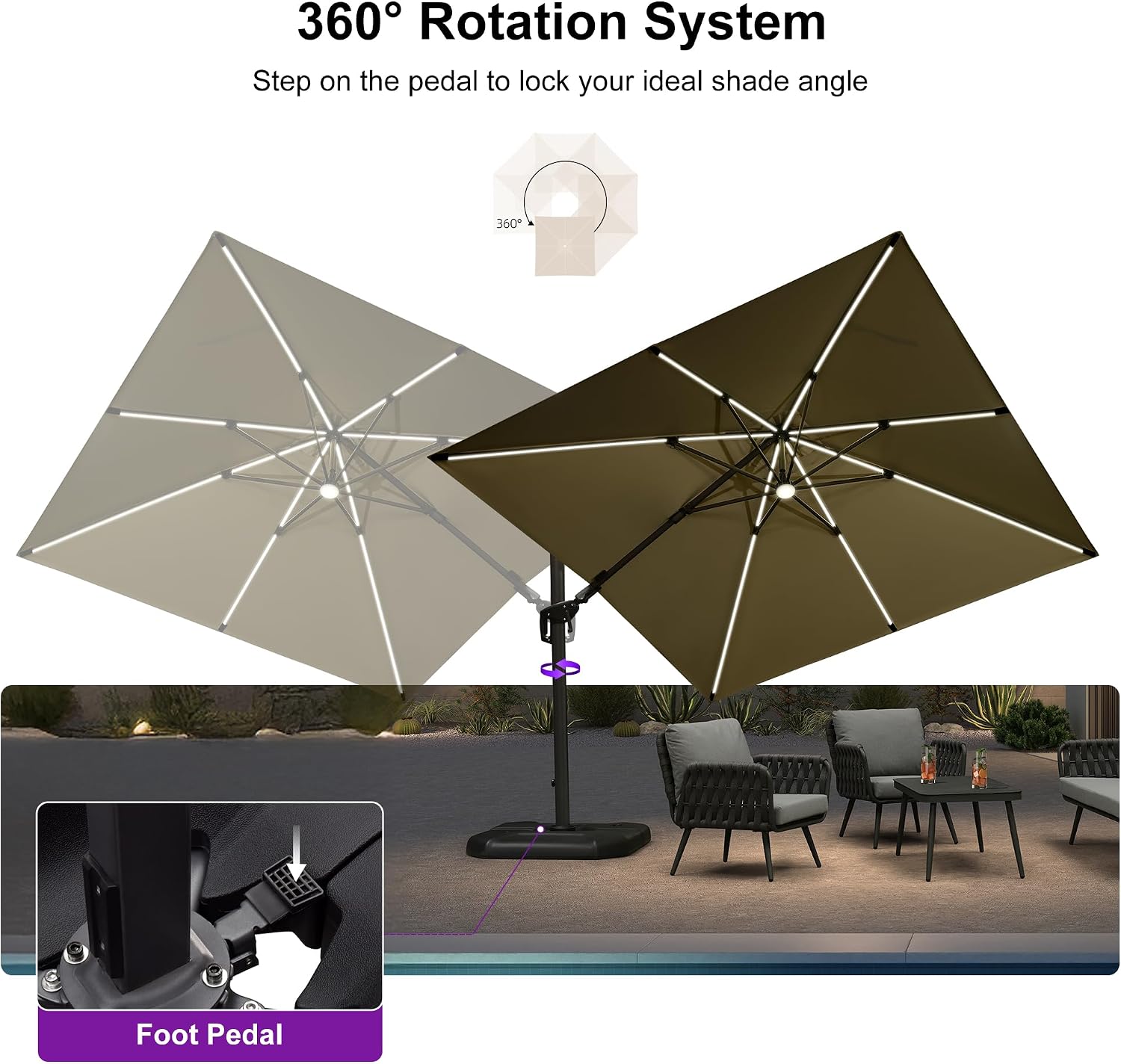 10 Feet Patio Umbrella with Base Outdoor Cantilever Solar Powered LED Swivel Square Umbrella Aluminum Offset Umbrella with 360-degree Rotation for Garden Deck Pool Patio, Beige