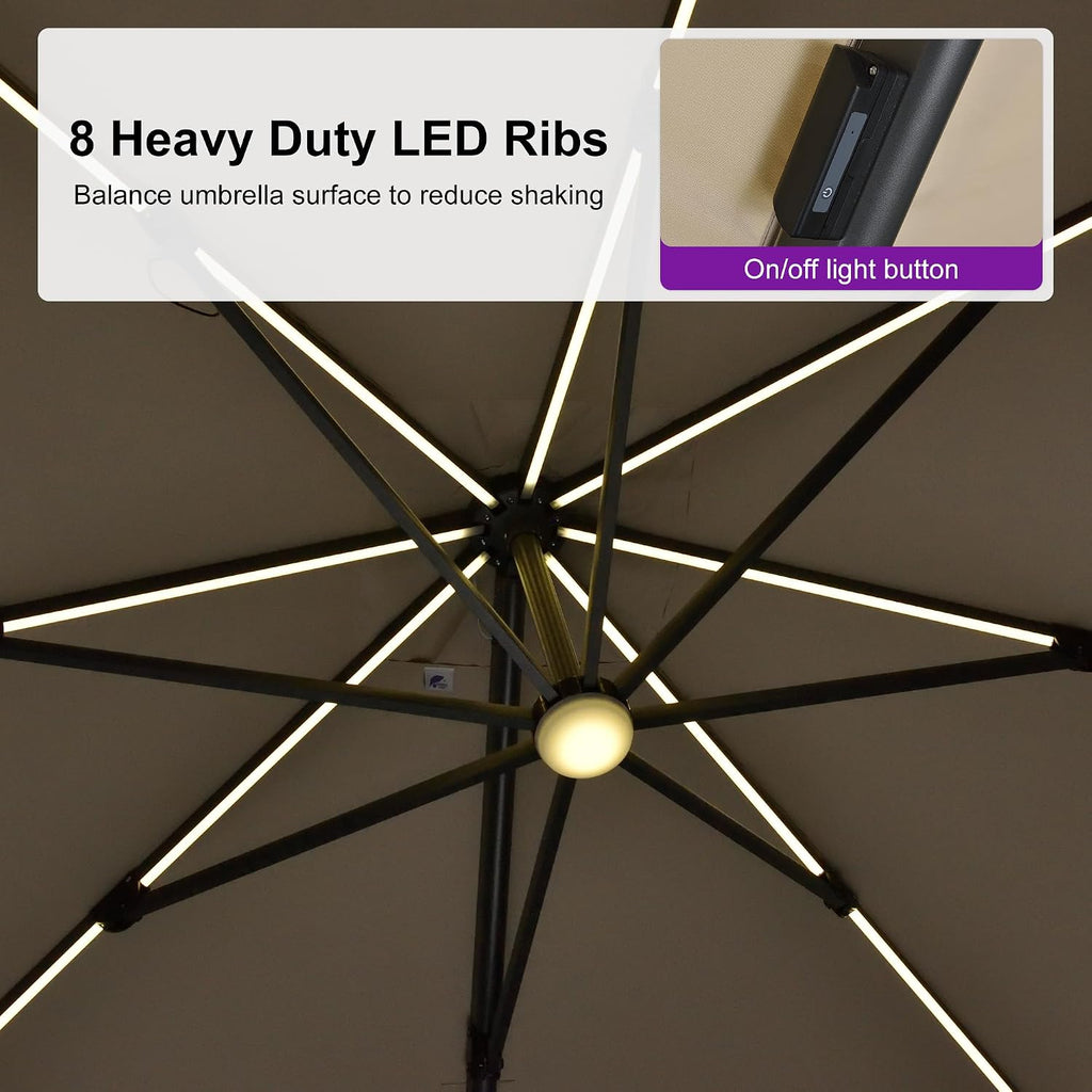 10 Feet Patio Umbrella with Base Outdoor Cantilever Solar Powered LED Swivel Square Umbrella Aluminum Offset Umbrella with 360-degree Rotation for Garden Deck Pool Patio, Beige