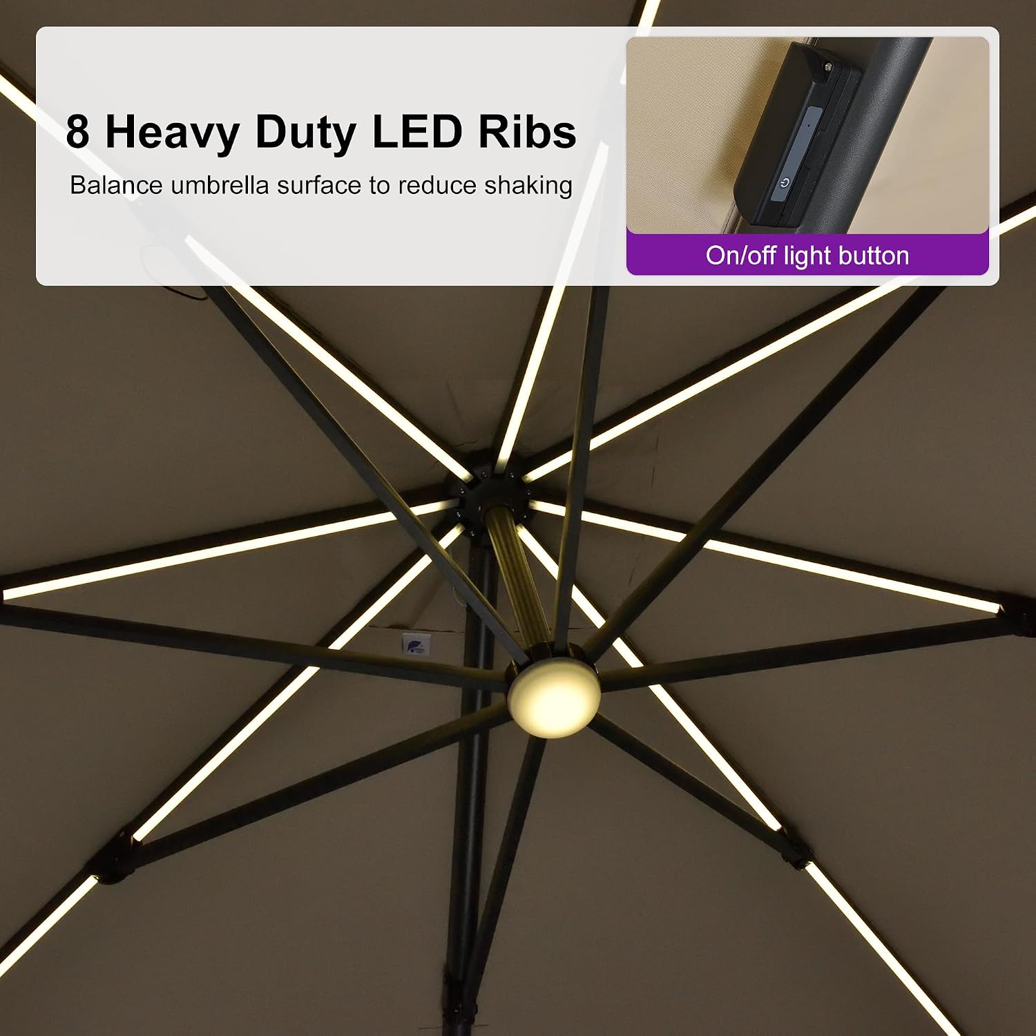 10 Feet Patio Umbrella with Base Outdoor Cantilever Solar Powered LED Swivel Square Umbrella Aluminum Offset Umbrella with 360-degree Rotation for Garden Deck Pool Patio, Beige