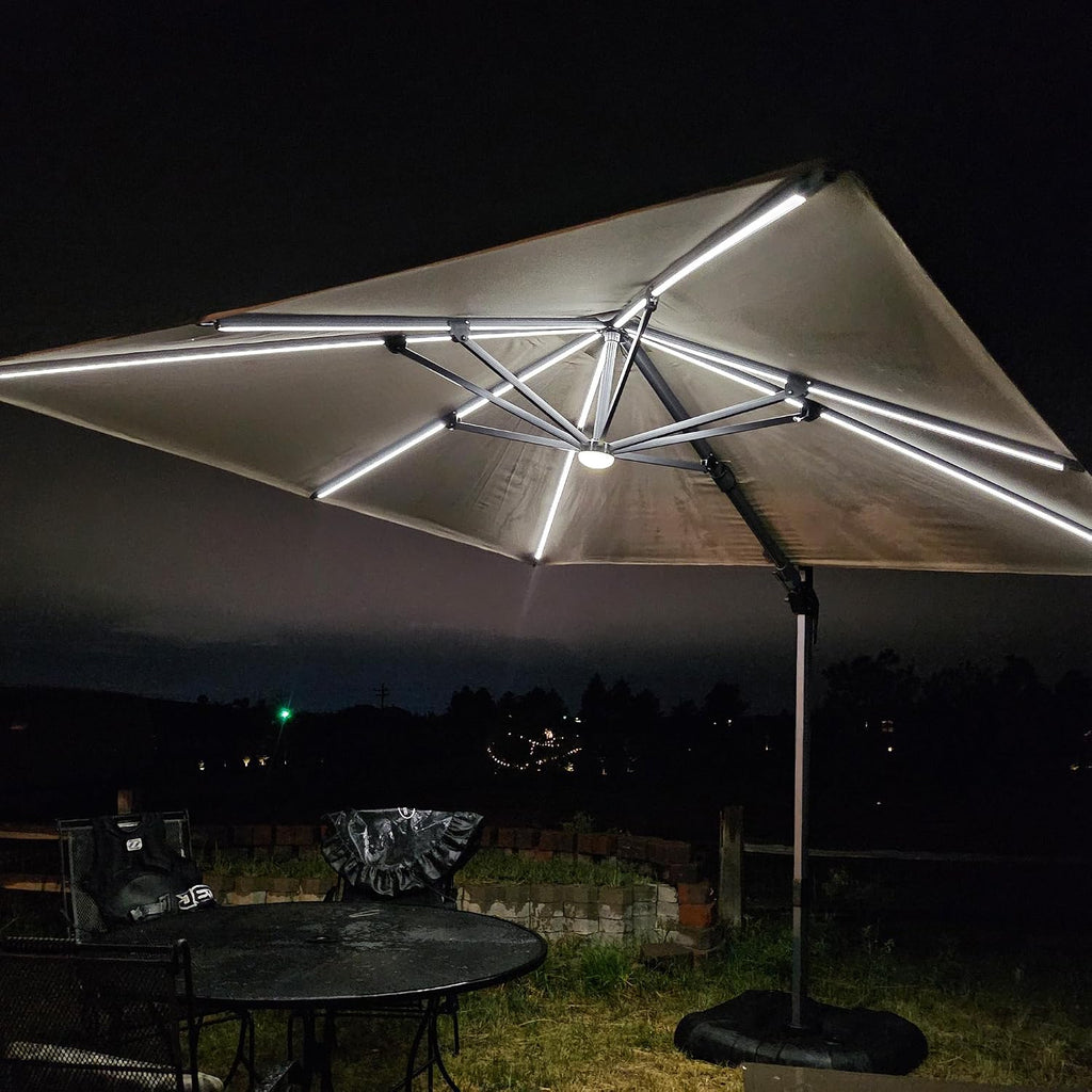 10 Feet Patio Umbrella with Base Outdoor Cantilever Solar Powered LED Swivel Square Umbrella Aluminum Offset Umbrella with 360-degree Rotation for Garden Deck Pool Patio, Beige