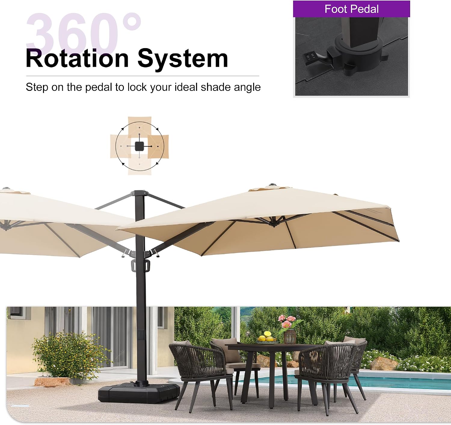 10ft Patio Umbrella Square Large Outdoor Windproof Offset Umbrella with 360° Rotation Cantilever Umbrella for Garden Deck Backyard Pool Beige
