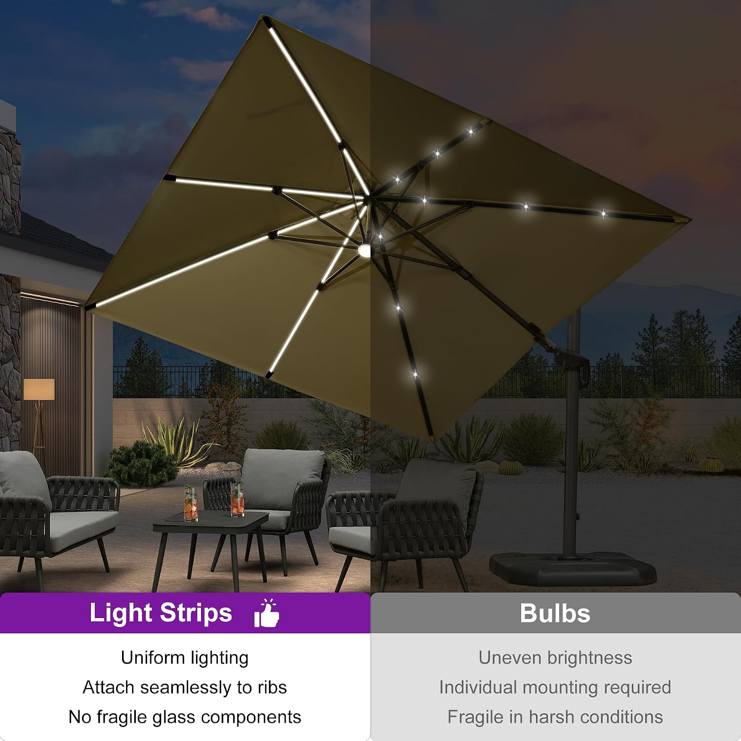 10 Feet Patio Umbrella with Base Outdoor Cantilever Solar Powered LED Swivel Square Umbrella Aluminum Offset Umbrella with 360-degree Rotation for Garden Deck Pool Patio, Beige